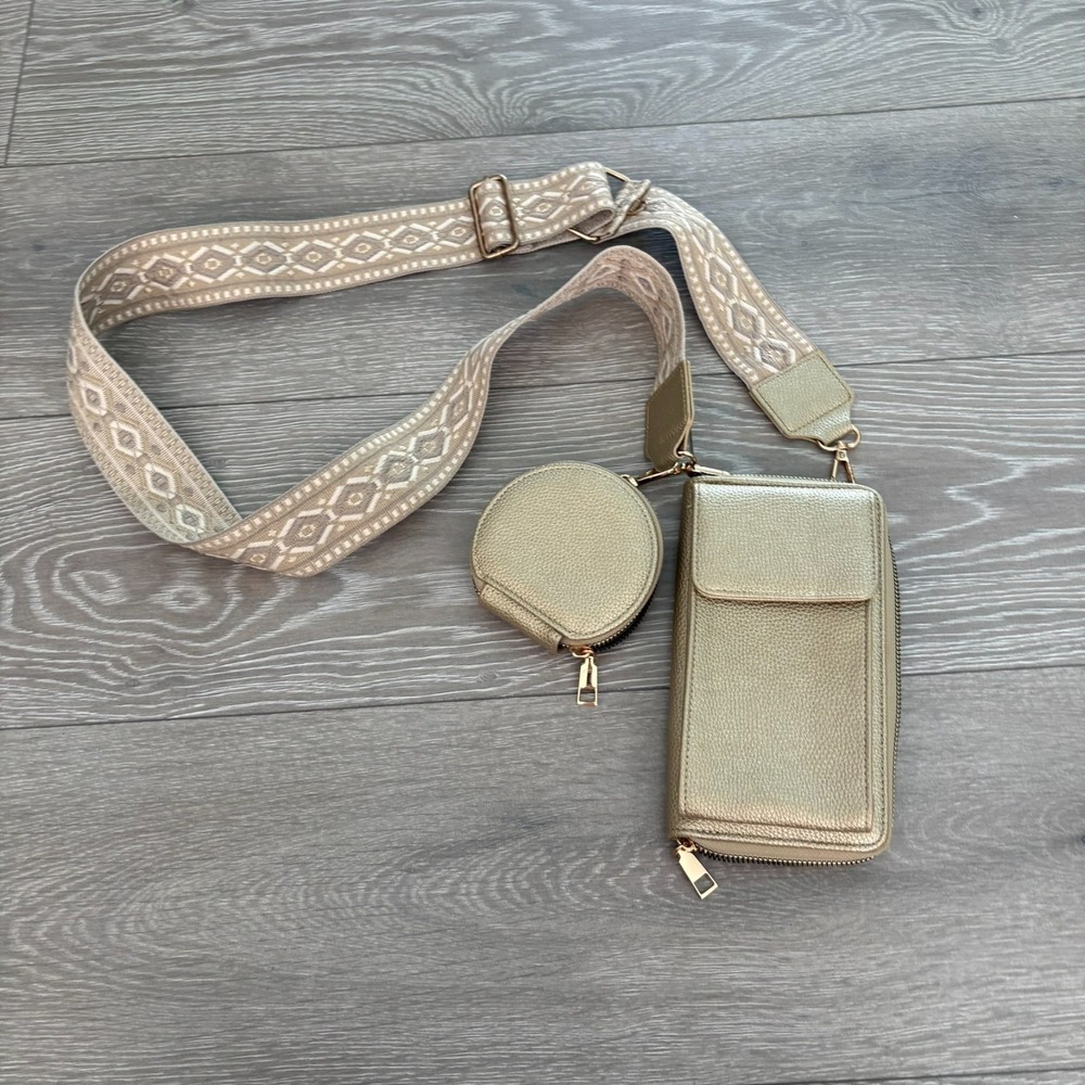 Womens Metallic Gold Leather Detachable Strap Crossbody Phone Wallet W/ Coin Bag